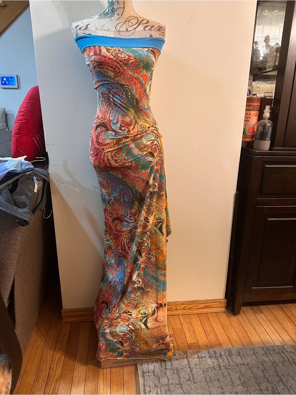 Multicolor Strapless Maxi Dress with Abstract Paisley Print